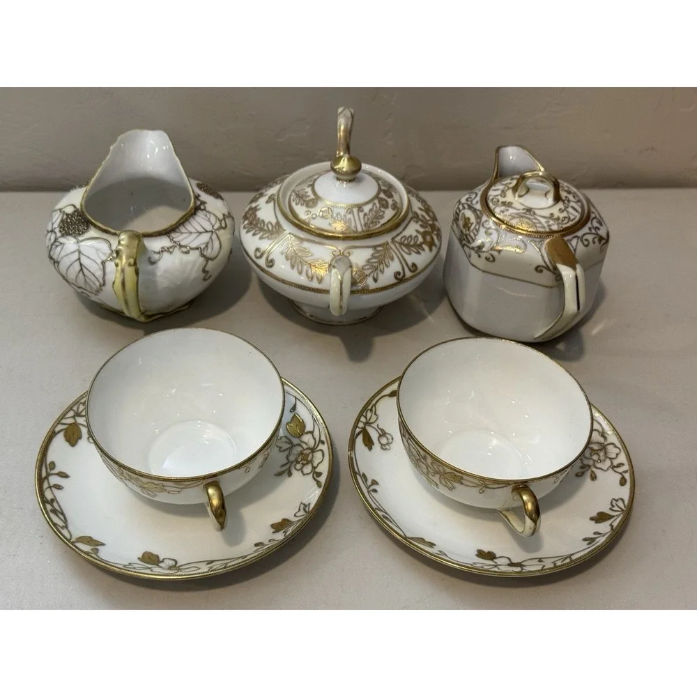 Vintage Mixed Set Bone china Nippon gold leaf  7 Piece China Tea Set
